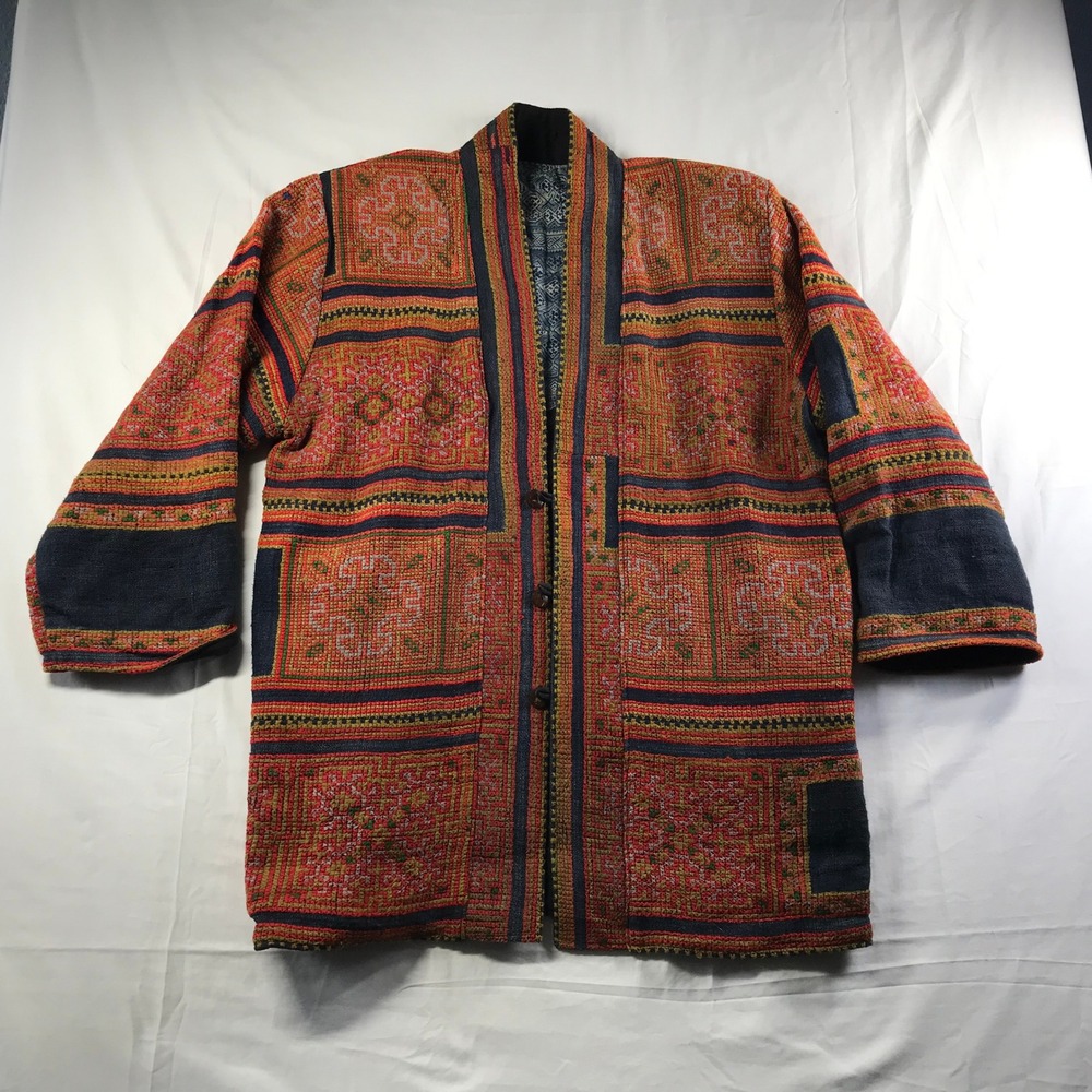 Vintage Hmong Hill Tribe Hand Embroidered Batik Indigo Patchwork Kimono Jacke L
